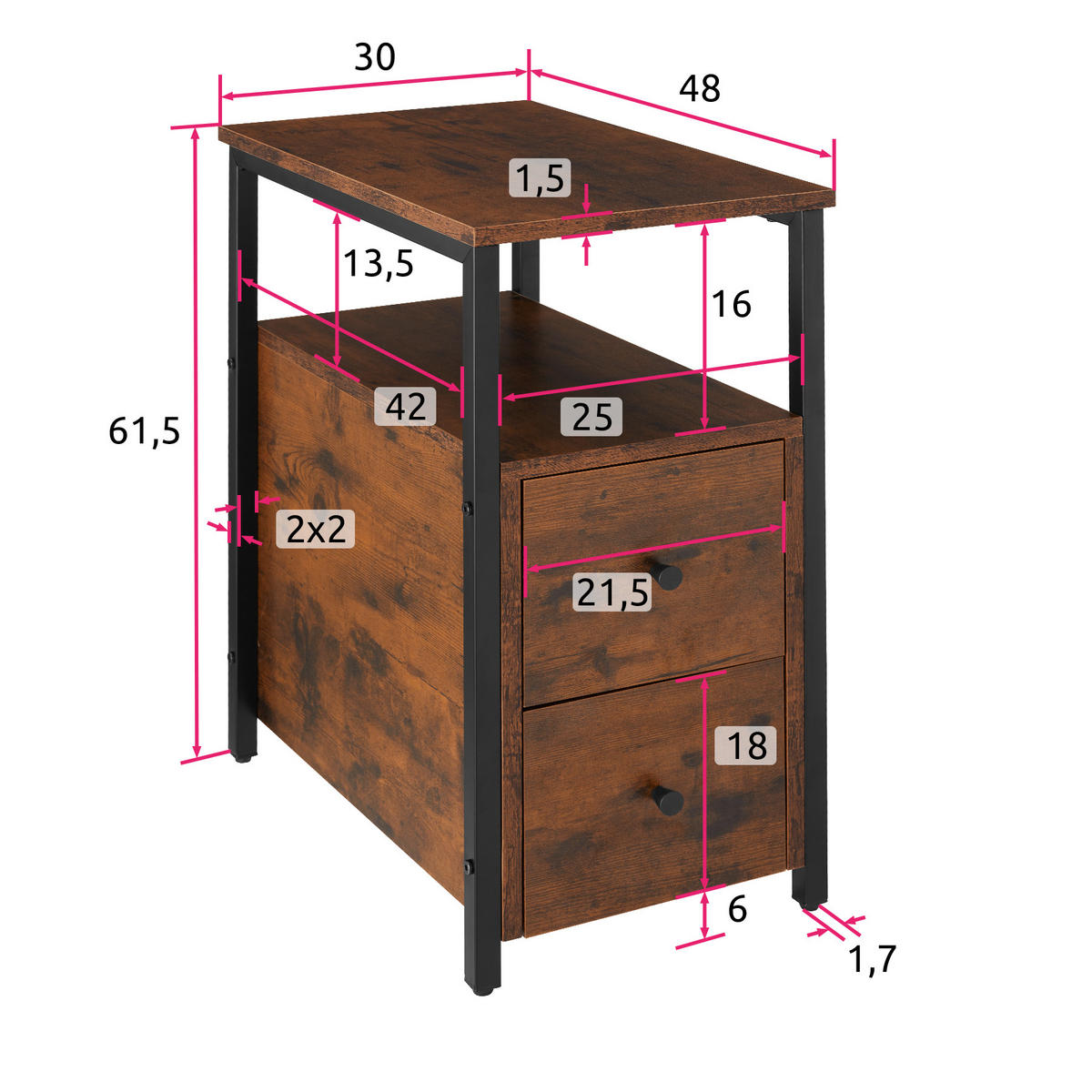 NACHTSCHRANK Tullamore, 30 x 49,5 x 61,5 cm, Industrial Holz dunkel, rustikal - Rostfarben, Holzwerkstoff (30/61.5/49.5cm) - tectake
