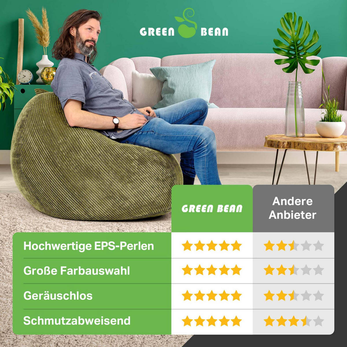 SITZSACK Indoor "Scoop" 90x110cm - Cord - Grün, Textil (90/110/90cm) - Green Bean