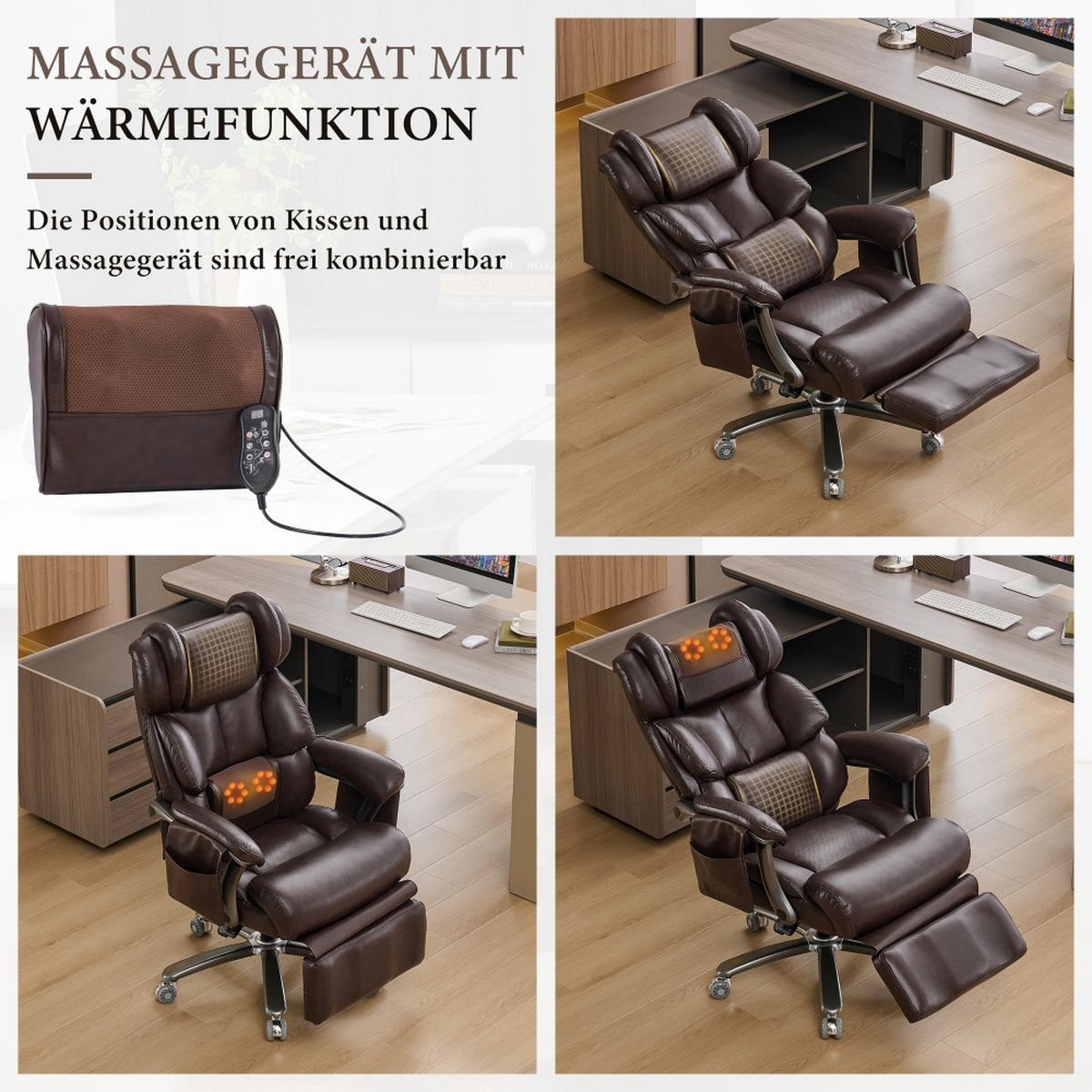CHEFSESSEL mit Massage-Heizung Braun - Braun, Naturmaterialien (76.5/121.5/85.5cm)