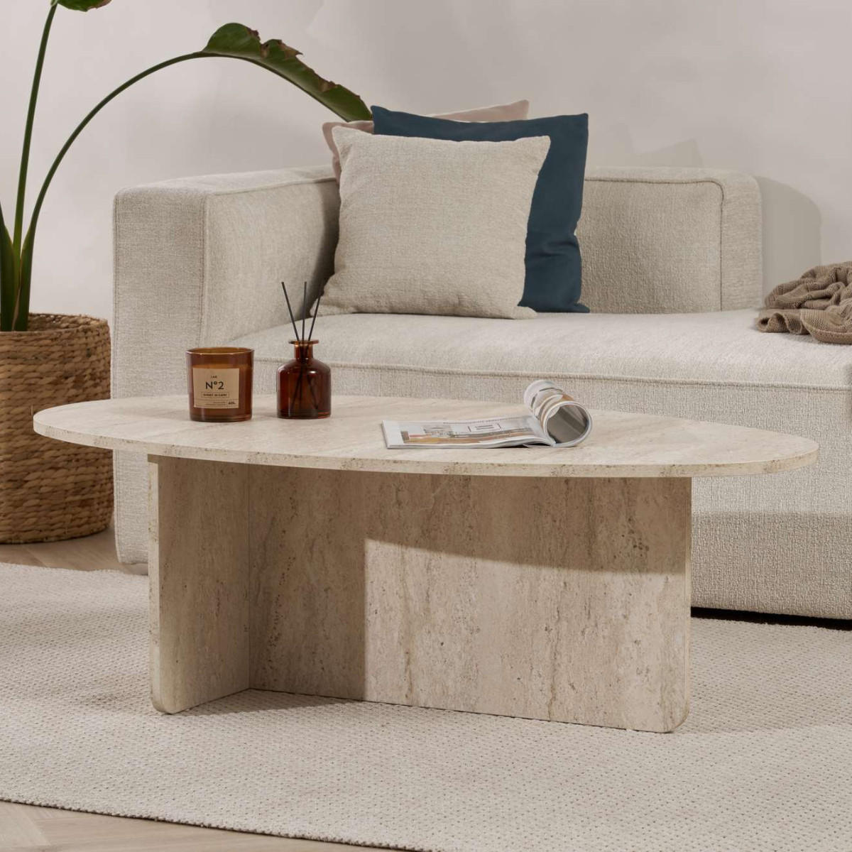 COUCHTISCH mit ovaler Platte L125 cm 65/120/40 cm - Beige, Holzwerkstoff (70/65/40cm) - Calicosy