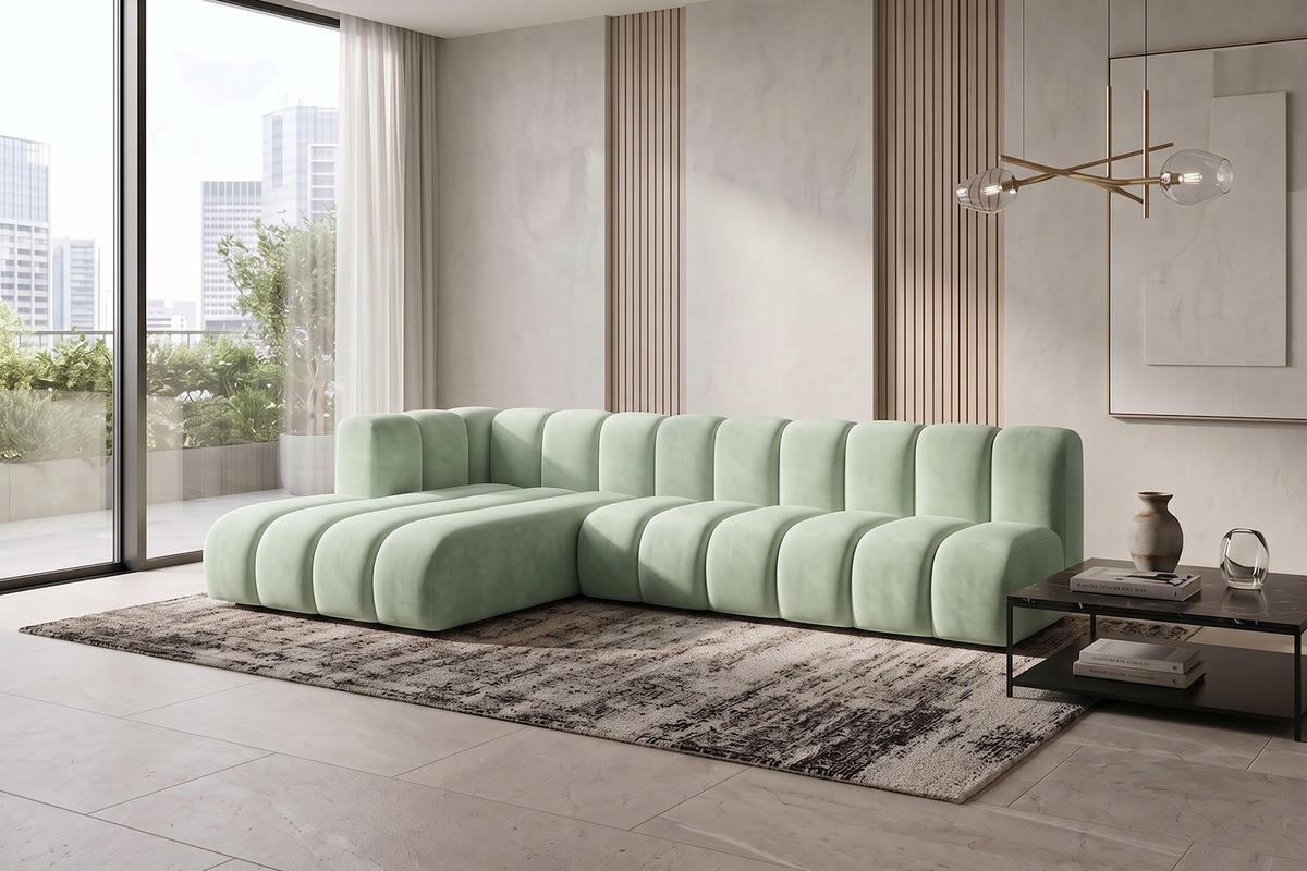 ECKSOFA Modulares In L-Form, Velvet-Stoff Riviera, Mintz, Links, GRAND 295 cm - Mintgrün, Holz (295/179cm) - Kaiser Möbel
