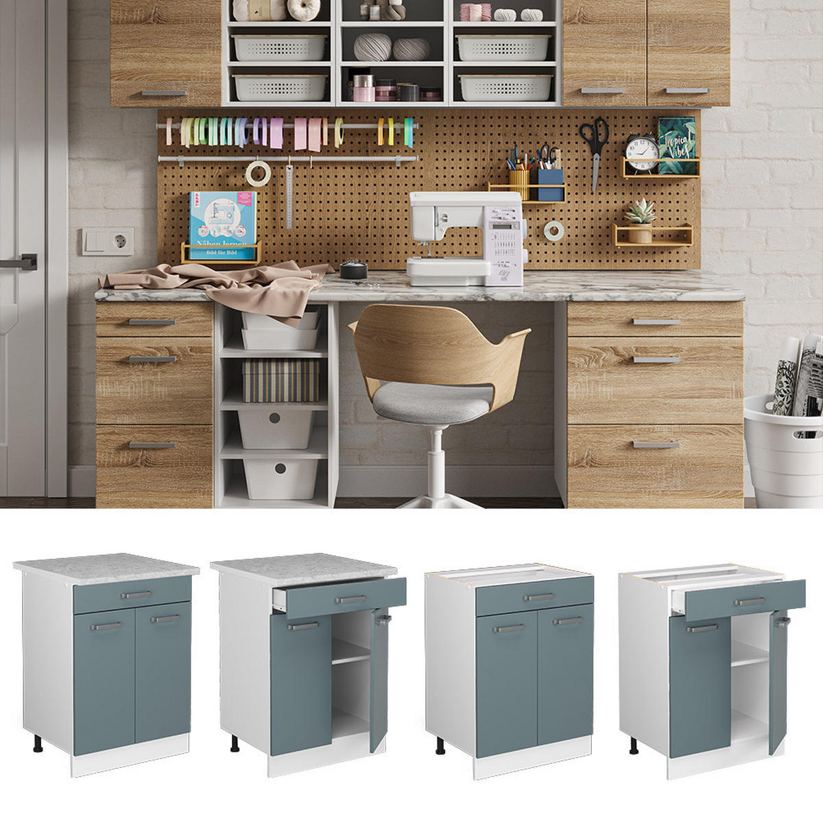 UNTERSCHRANK R-Line Blau-Grau 60 cm mit Schubladen, ohne AP - Blaugrau/Weiß, Holzwerkstoff (60/81.6/46cm) - Vicco