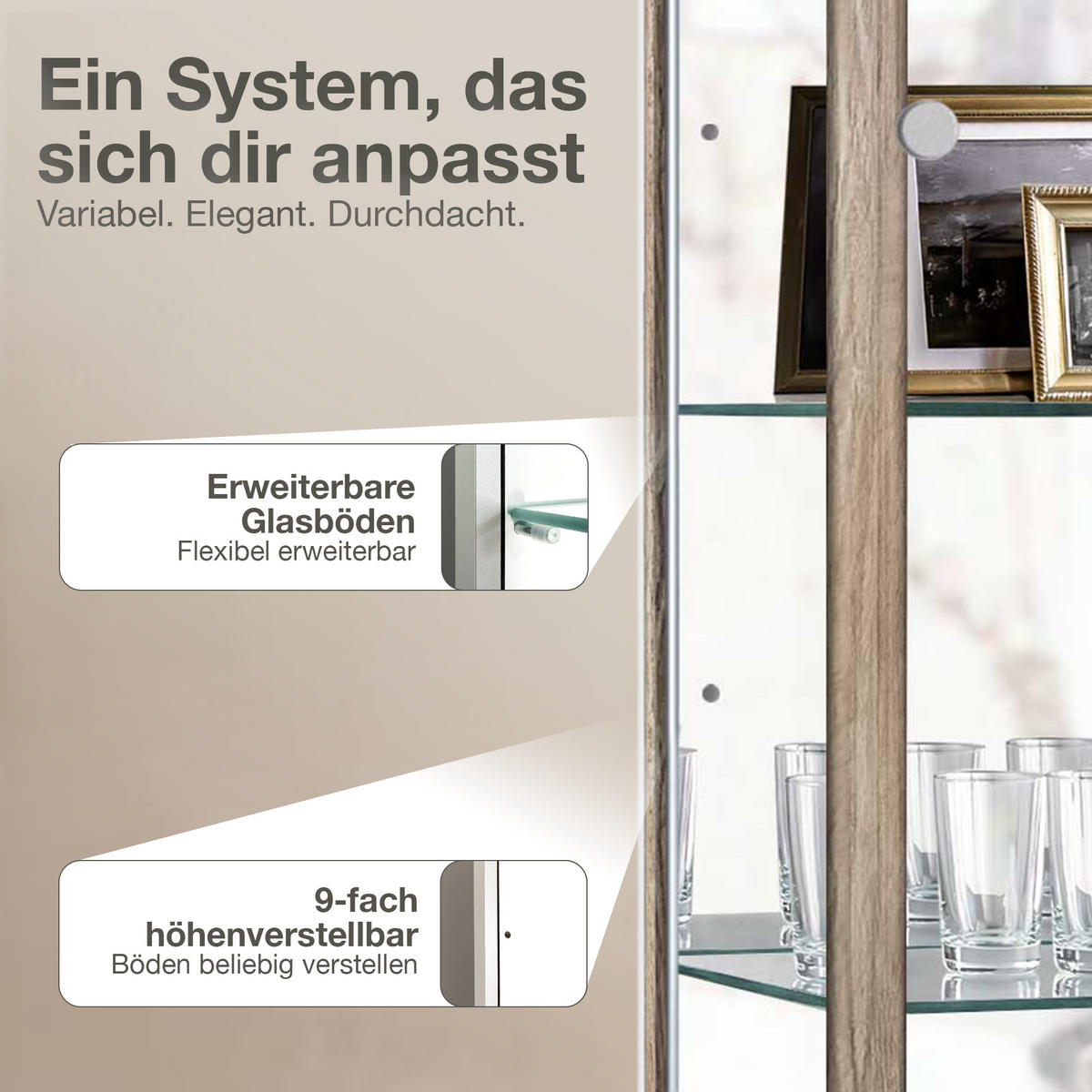 GLASVITRINE 33/37/176 cm mit Spiegel, LED, Schloss & 4 höhenverstellbaren Glasböden - Transparent/Silberfarben, Glas/Holzwerkstoff (37/176/33cm) - K-Möbel