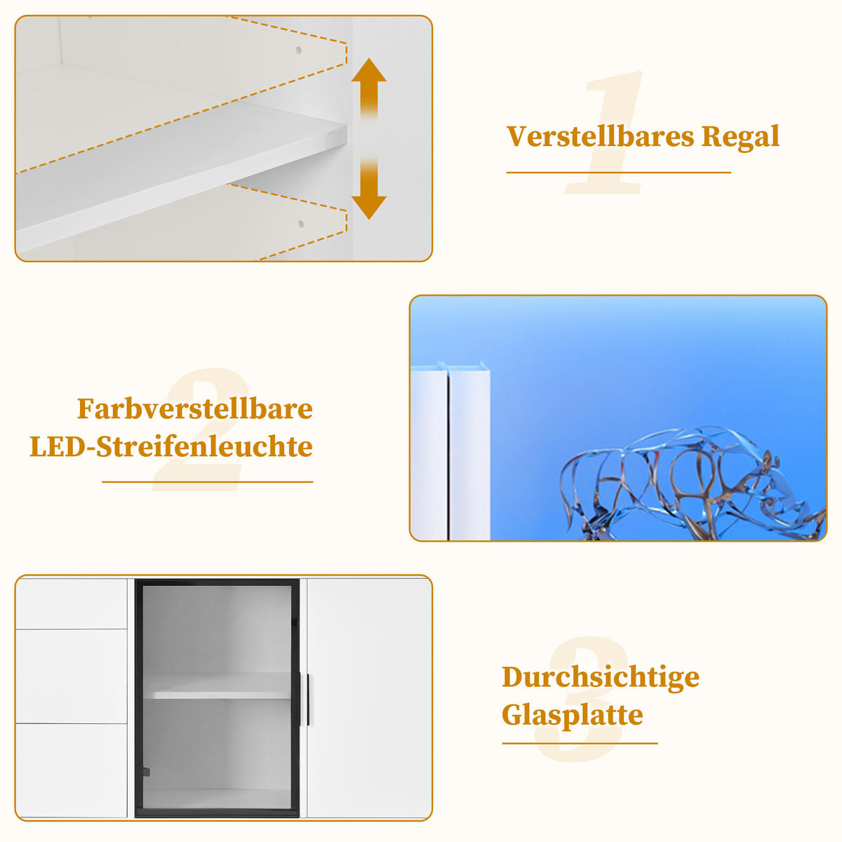 SIDEBOARD 160/36/78 cm mit LED-Beleuchtung, Glastüren & 3 Schubladen in Weiß - Weiß, Holzwerkstoff (160/78/36cm) - BEAOK