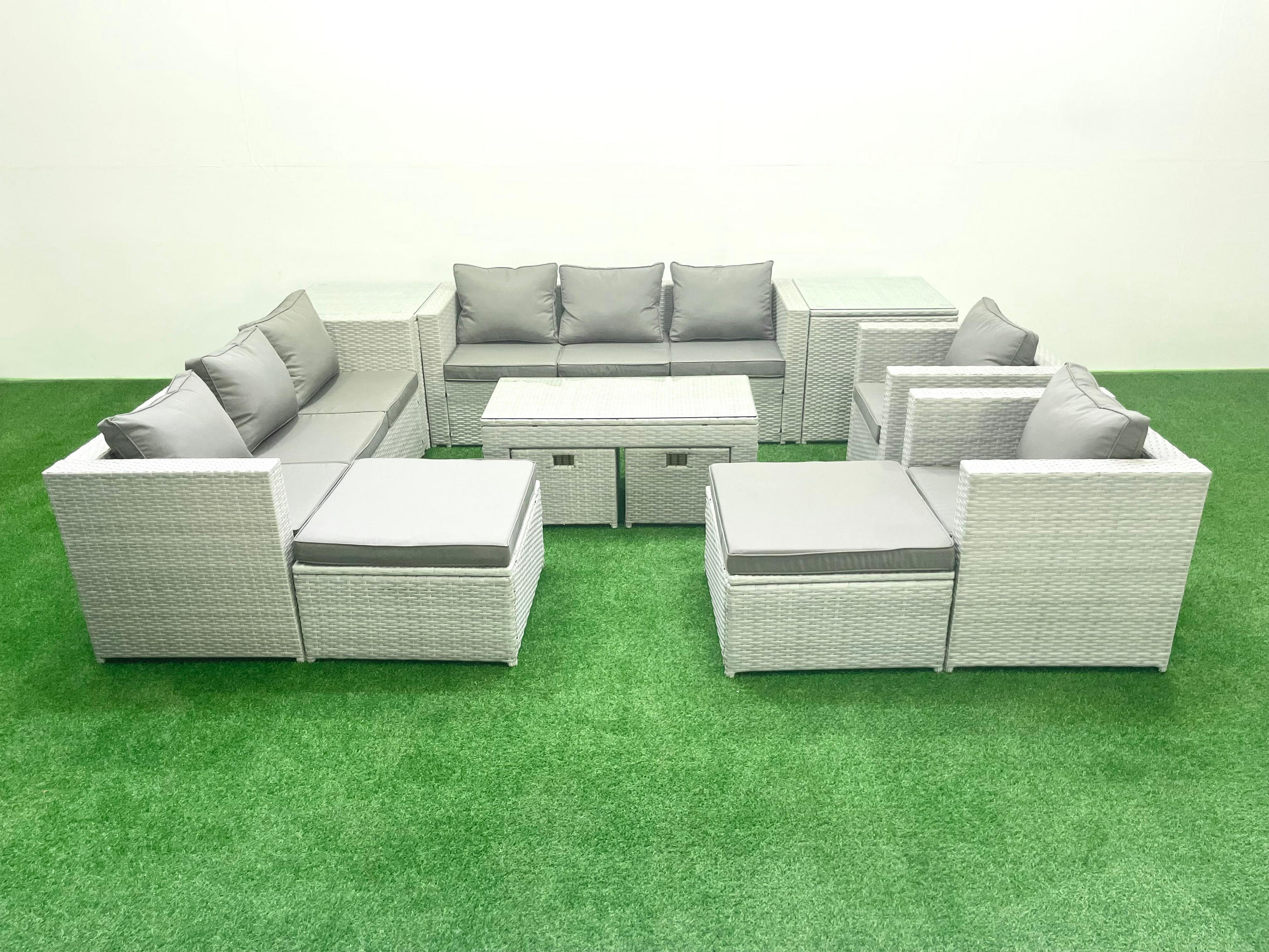 BALKONMÖBEL-SET Polyrattan Hellgrau-Mix 12-teilig - Hellgrau/Grau, Glas/Kunststoff - Fimous