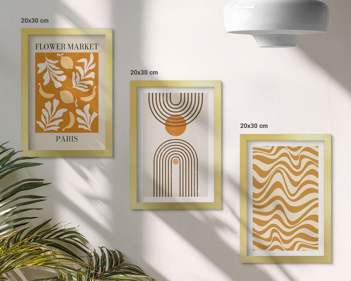 BILDER SET 3er Set - 20x30 cm Goldrahmen - Poster mit geometrischen Pflanzenmustern - Goldfarben, Kunststoff (20/30cm) - TULUP