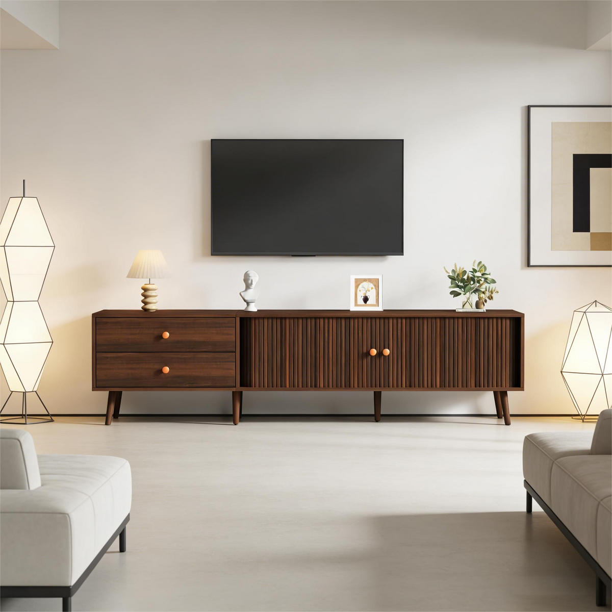 LOWBOARD TV Schrank mit Rollladentüren & Schubladen Walnussoptik Braun 180/40/46,5 cm Holzwerkstoff - Nussbaumfarben, Holzwerkstoff (180/46.5/40cm) - EVRYAE