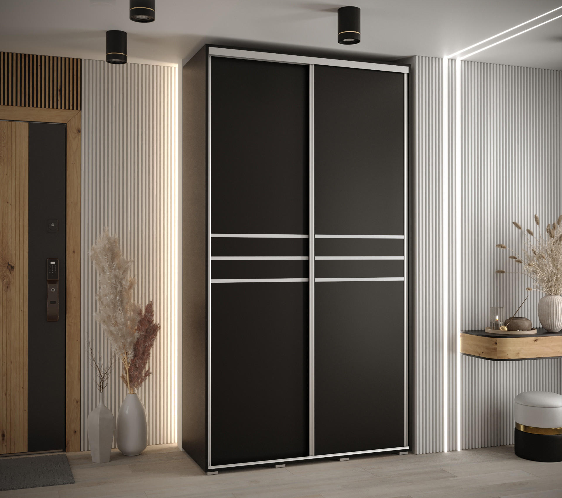 SCHWEBETÜRENSCHRANK 235,2/140/45 2-türig - Silberfarben/Schwarz, Holz/Metall (140/235/45cm) - Abiks Möbel