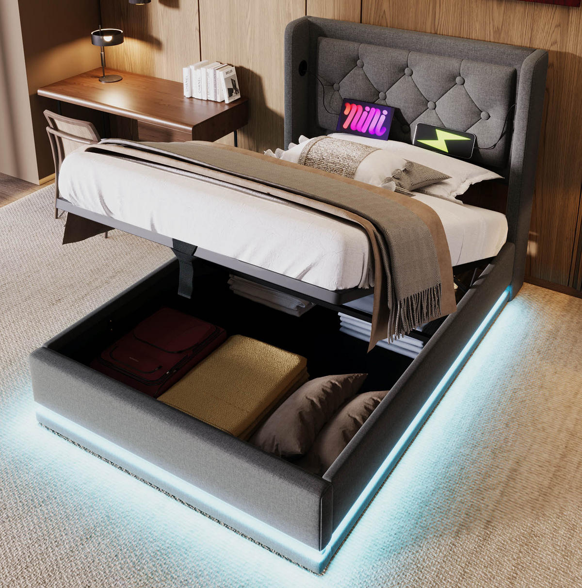 POLSTERBETT 90/200 cm Grau aus Baumwolle mit LED und USB-C - Grau, Textil (90/200cm) - OKMYHOME