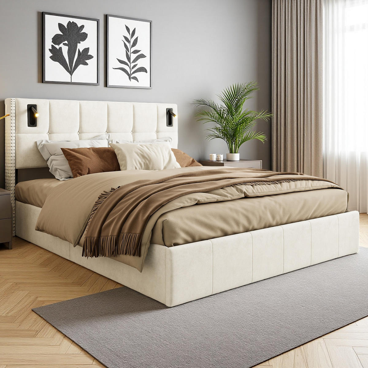 POLSTERBETT 160x200 cm USB Typ C Stauraum Lattenrost beige - Beige, Holz (160/200cm) - LEBENLANG