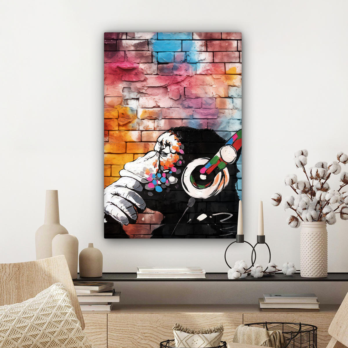 LEINWANDBILD Affe - Graffiti - Musik Wanddeko Schlafzimmer 60x90 cm - Multicolor, Textil (60/90cm) - MuchoWow