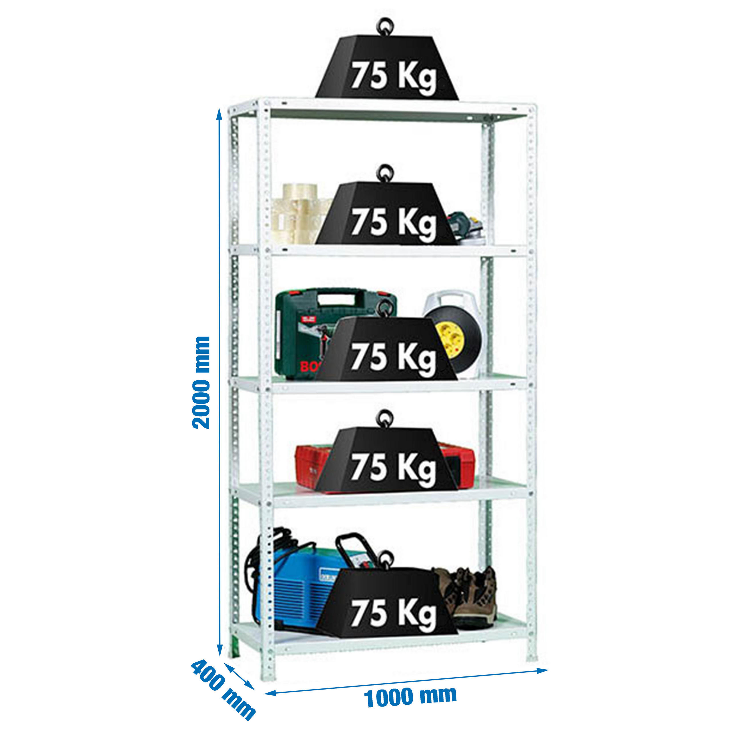 SCHRAUBREGAL PANDA TALL | HxBxT 200x100x40cm | 5 Fachböden | Fachlast 75kg | Weiß - Weiß, Metall (100/200/40cm) - PROREGAL