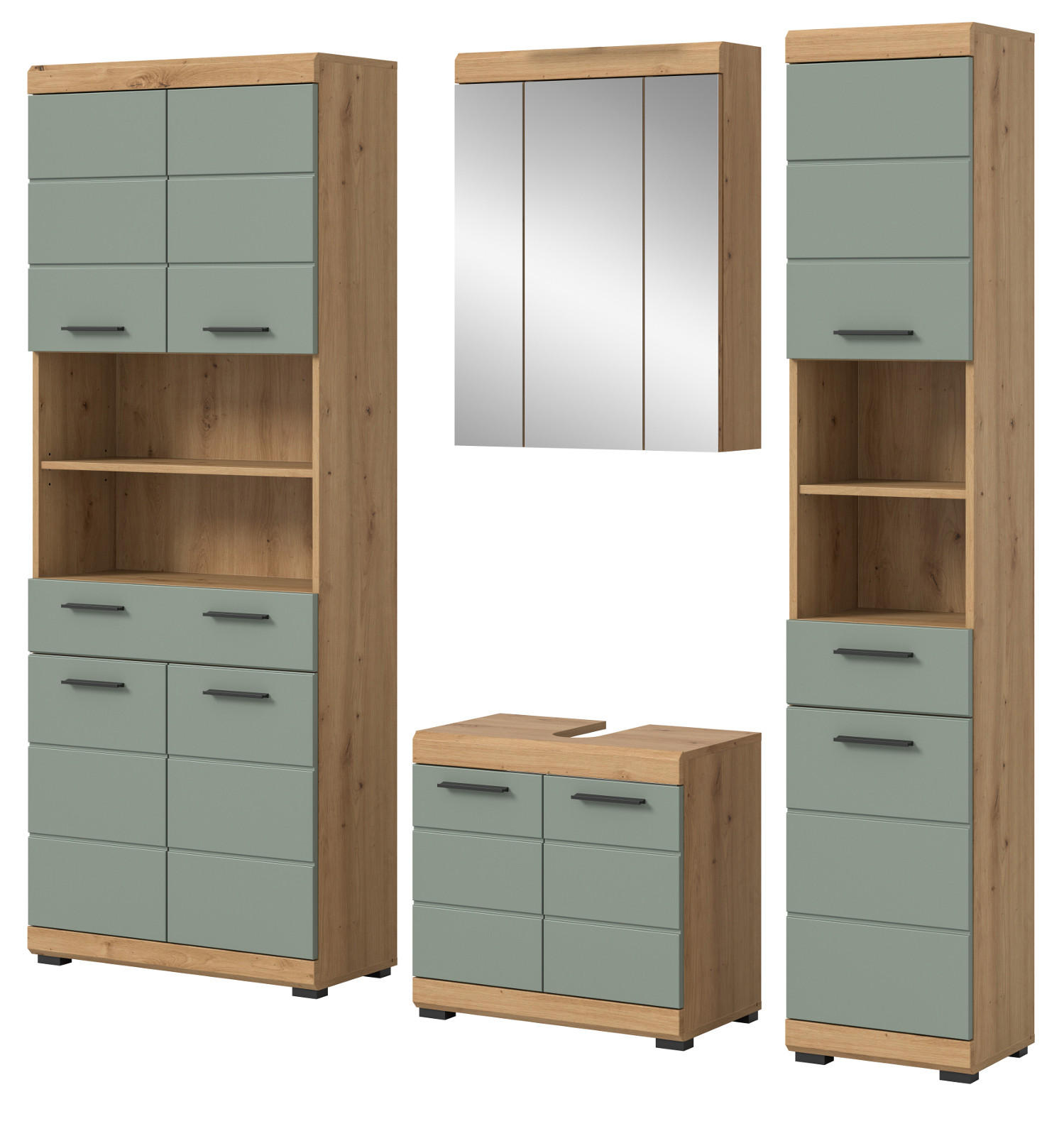 BADMÖBEL-SET Salbei grün, Eiche Artisan 4-teilig 200 cm, Komplettset mit viel Stauraum - Salbeigrün/Schwarz, Glas/Holzwerkstoff (186/191/34cm) - Inn.Furn