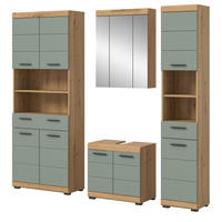 BADMÖBEL-SET Salbei grün, Eiche Artisan 4-teilig 200 cm, Komplettset mit viel Stauraum - Salbeigrün/Schwarz, Glas/Holzwerkstoff (186/191/34cm) - Inn.Furn