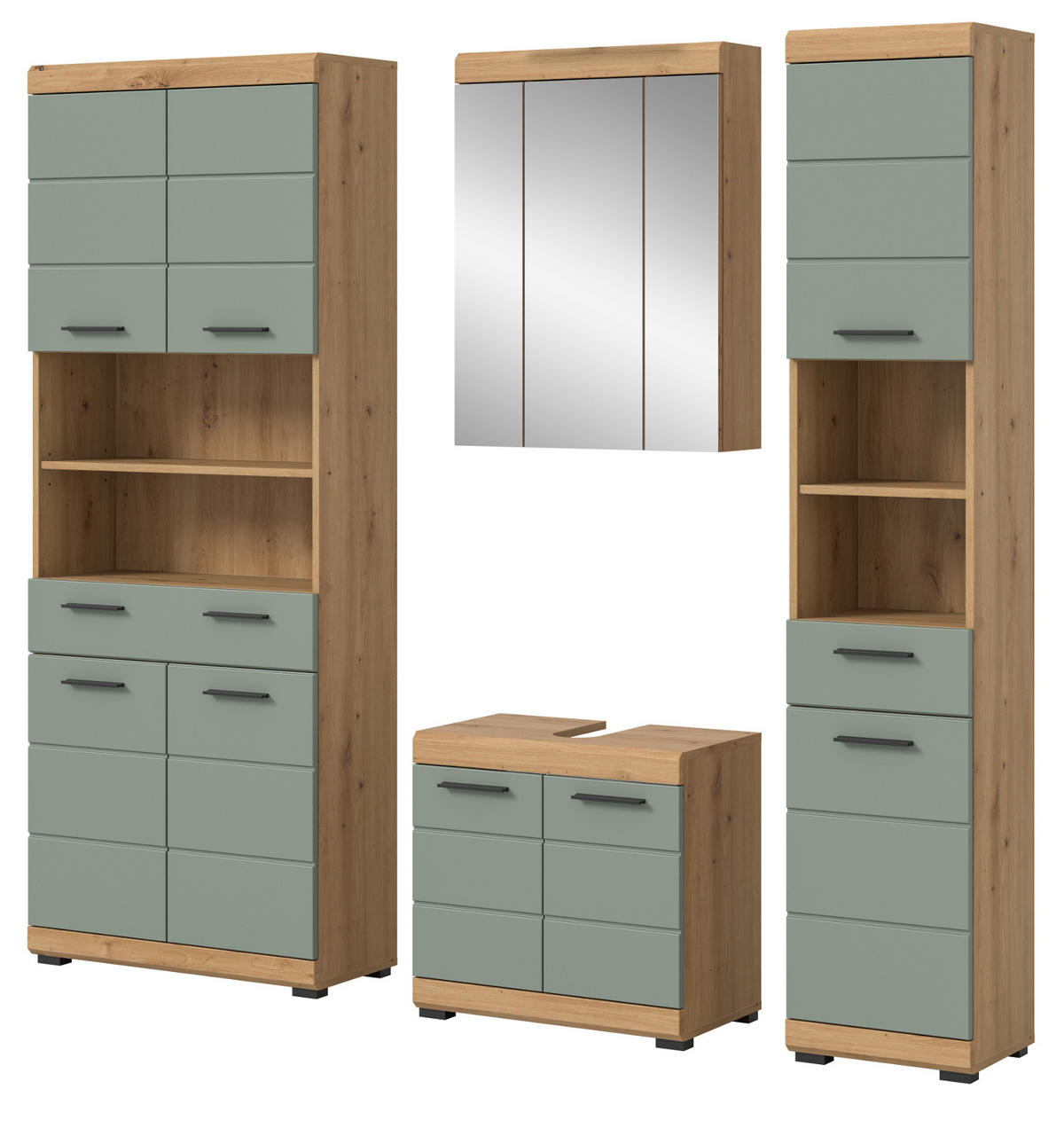 BADMÖBEL-SET Salbei grün, Eiche Artisan 4-teilig 200 cm, Komplettset mit viel Stauraum - Salbeigrün/Schwarz, Glas/Holzwerkstoff (186/191/34cm) - Inn.Furn
