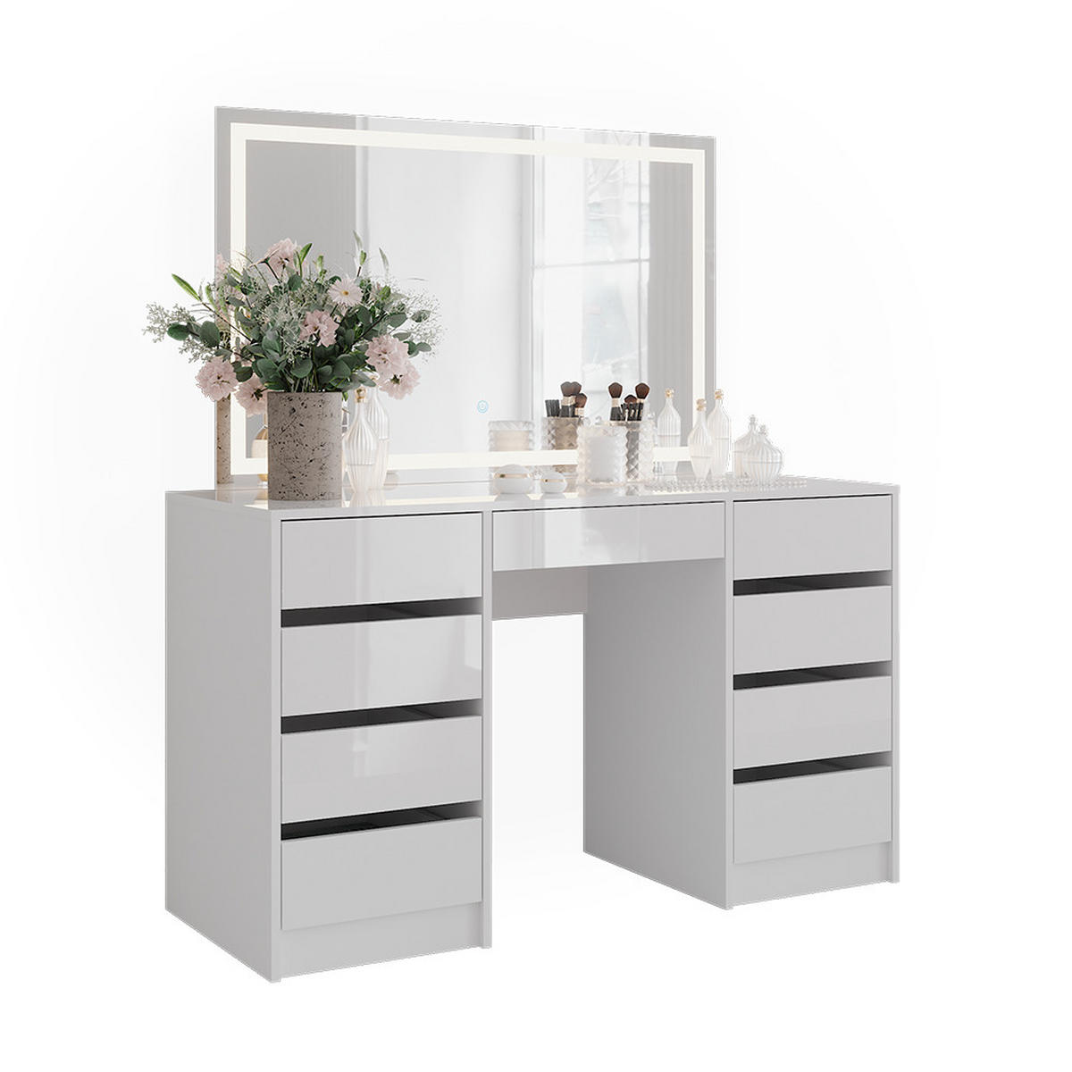 SCHMINKTISCH Sherry Weiß/Weiß Hochglanz 128.2 cm mit LED-Spiegel - Weiß Hochglanz, Holzwerkstoff (128.2/76/50.1cm) - Vicco