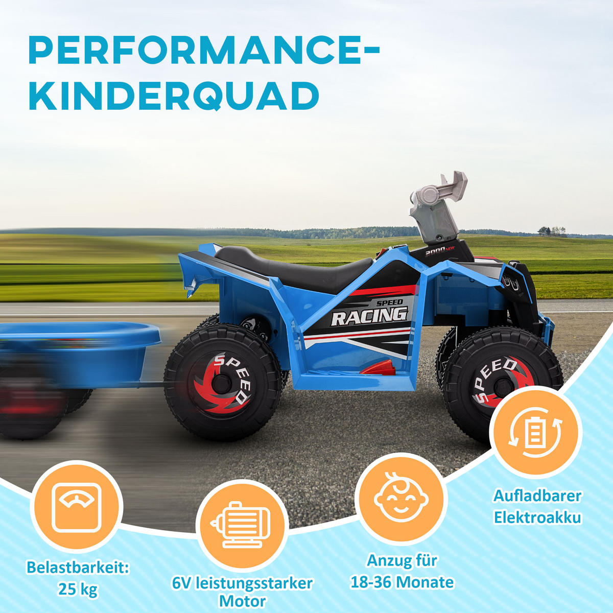 KINDERQUAD Kinder Elektro-Quad 6V Elektroauto mit Anhänger, 2,5 km/h Metall Blau - Blau, Metall (106/41.5/48.5cm) - HOMCOM