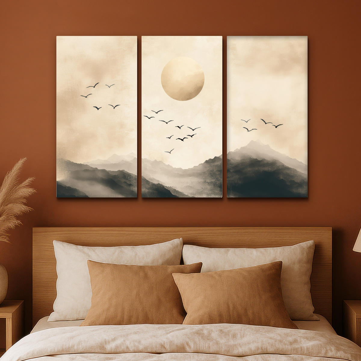 LEINWANDBILD 3er Set Landschaft - Japandi - Beige - Vögel 180x120 cm - Beige, Textil (180/120cm) - MuchoWow
