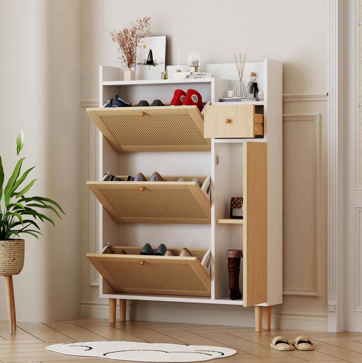SCHUHSCHRANK aus MDF 90x125x17cm in Natur mit 3 Klappen & Schublade - Naturfarben, Holzwerkstoff (90/125/17cm) - Modfu