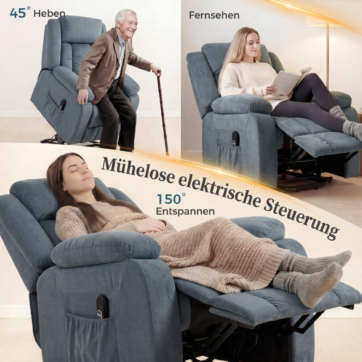 FERNSEHSESSEL mit Aufstehhilfe Polyester, Stahl Grau - Grau, Holz/Textil (92/105/94cm) - HOMCOM