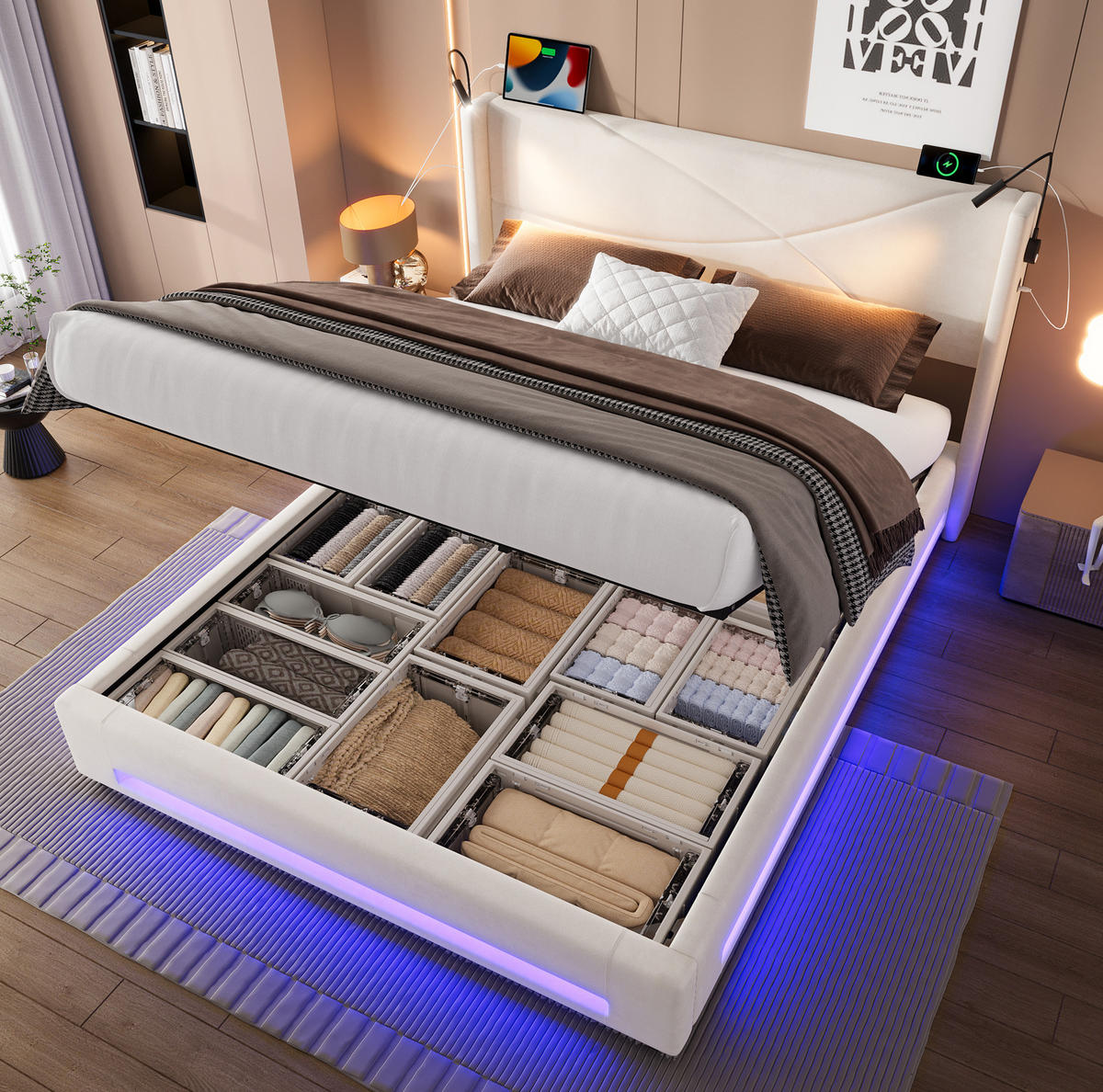BETTGESTELL 140/200 cm Beige mit LED-Lichtleisten und hydraulischem Stauraum - Beige, Textil (140/200cm) - OKWISH