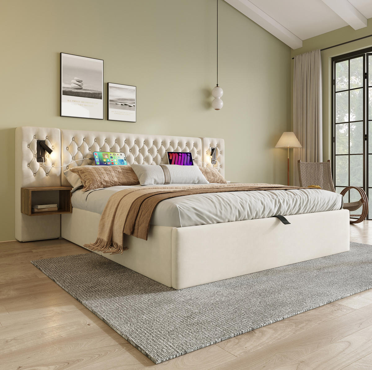 SAMT-POLSTERBETT 160/200 cm mit Bettkasten, Nachttischen und Leselicht in Beige - Beige, Textil (160/200cm) - BEAOK