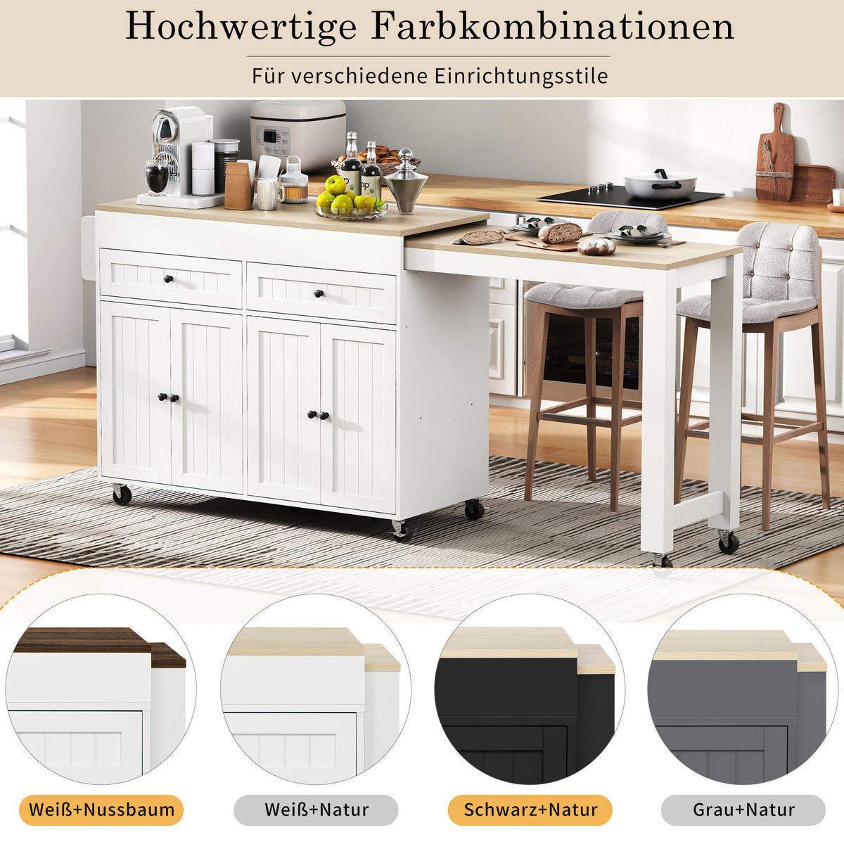 KÜCHENINSEL mit ausziehbarer Arbeitsplatte 112-180,5 cm White/Natural - Weiß, Holz (45/92.2/180.5cm) - Beauniv