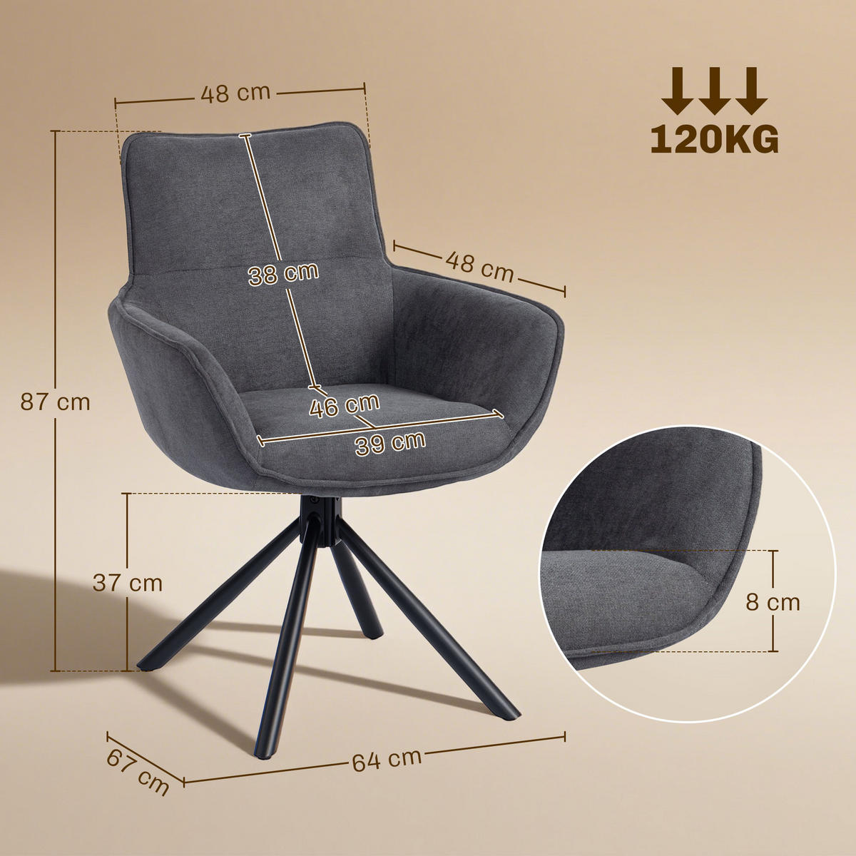 JÍDELNÍ židle, sada 2 ks, polyester a kov, tmavě šedá - černá/tmavě šedá, kov/textil (64/87/67cm) - HOMCOM