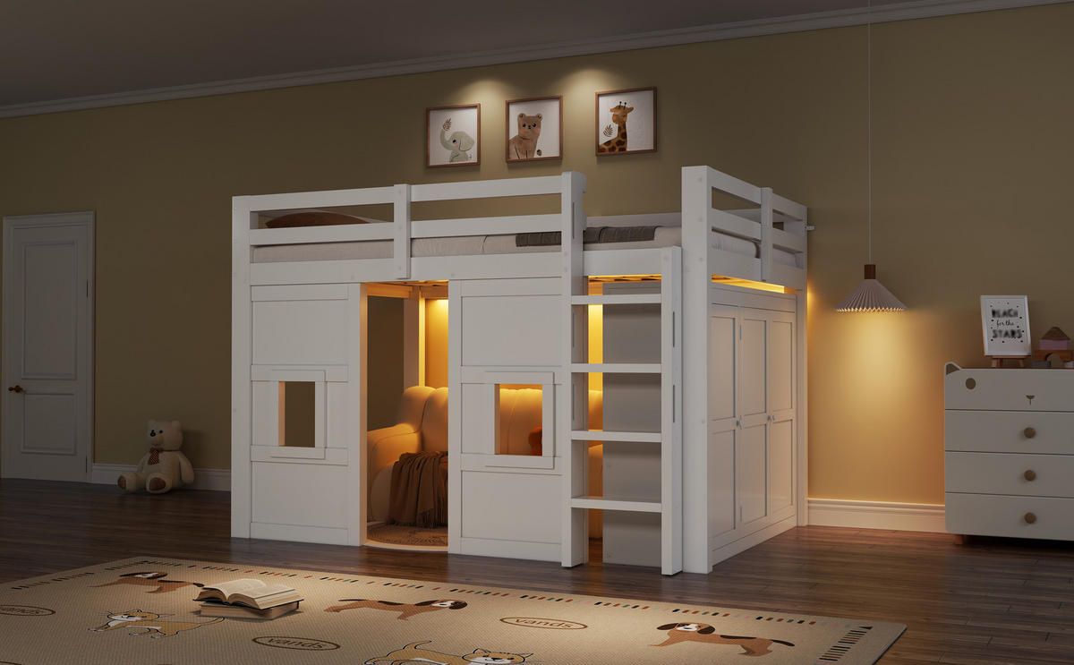 HOCHBETT 140x200 cm mit Kleiderschrank, zwei Fenstern und LED-Kopfteil, Schutzgeländer und Treppe, weiß - Weiß, Holzwerkstoff (140/200cm) - Luhomfu