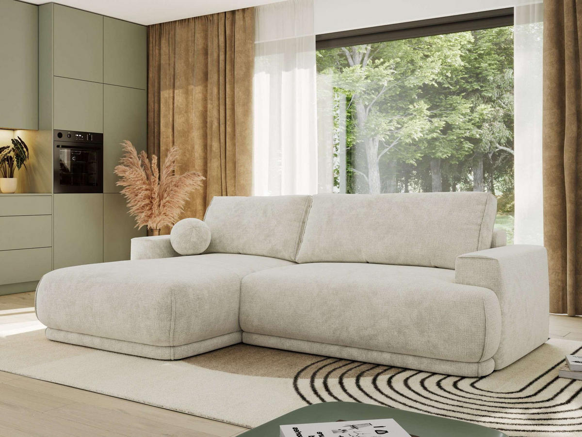 ECKSCHLAFSOFA RINA L Creme Schenille grob gewebt - links - Creme/Schwarz, Kunststoff/Textil (267/170cm) - MKS