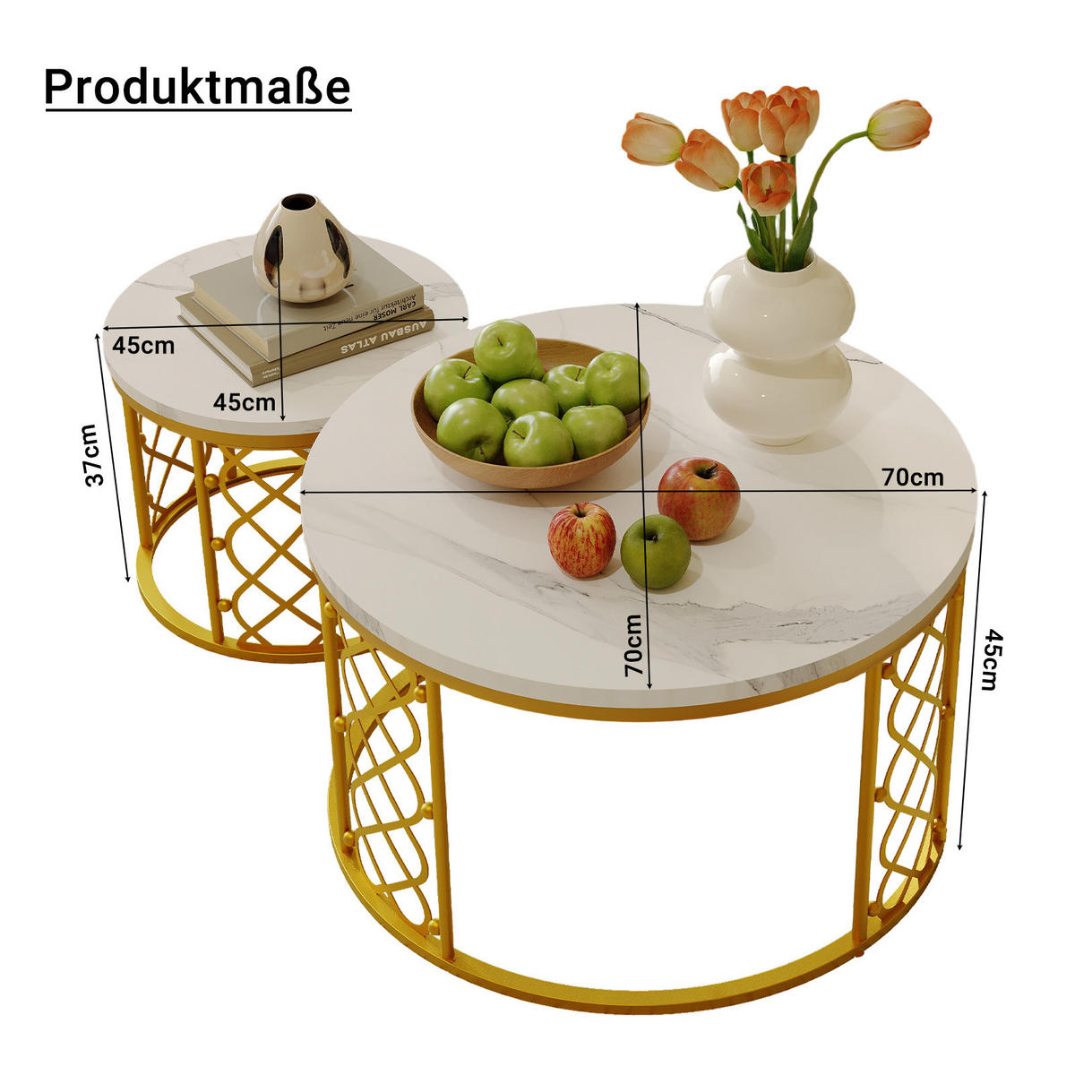 COUCHTISCH-SET 2-teilig 70/70/45 cm und 45/45/37 cm mit Marmoroptik - Weiß, Holzwerkstoff (70/70/45cm) - MIVRAY