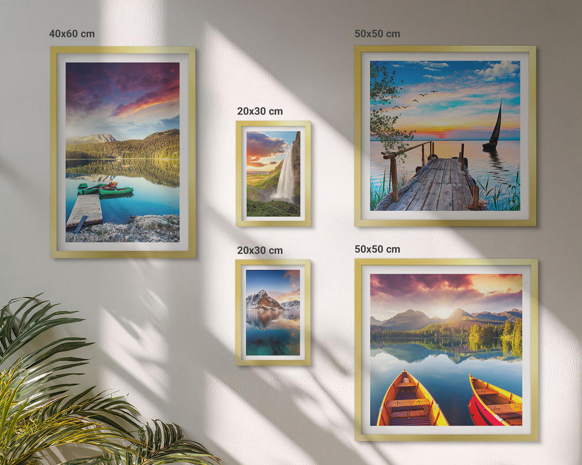 BILDER SET 5er Set - 50x50 cm & 20x30 cm & 40x60 cm Goldrahmen - Seen- und Berglandschaft Łódź - Goldfarben, Kunststoff (40/60cm) - TULUP