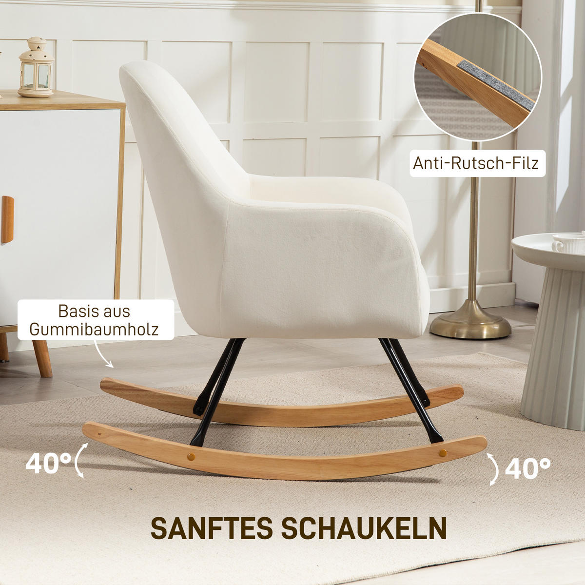 SCHAUKELSTUHL Schaukelsessel mit Armlehne, Holzkufen für Schlafzimmer Creme - Weiß, Kunststoff (68/89/85cm) - HOMCOM