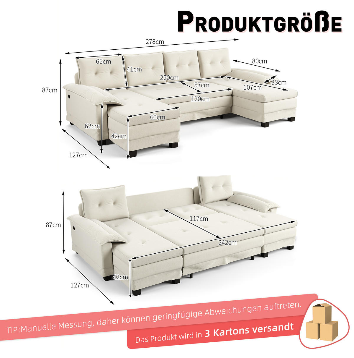 ROHOVÁ sedacia súprava z chenilu 278x127x87 cm béžová s USB, rozkladacím lôžkom a odnímateľnými opierkami - béžová, textil (278/127cm) - Modfu