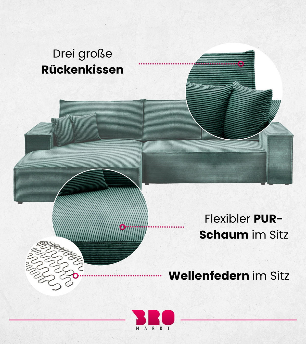ECKSOFA Pablo mit Schlaffunktion Grün Cord - Grün, Textil (294/185cm) - Bromarkt
