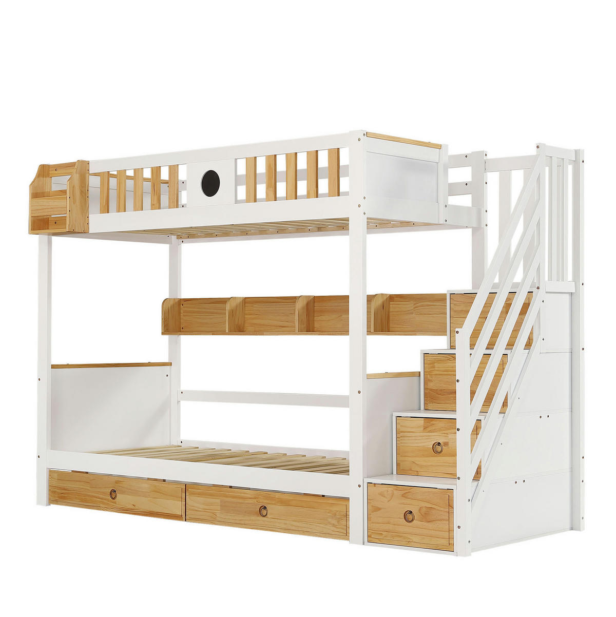 ETAGENBETT 90/200 cm in Weiß/Natur mit Stauraumtreppe und 2 Schubladen - Weiß, Holzwerkstoff (90/200cm) - Flora Grace