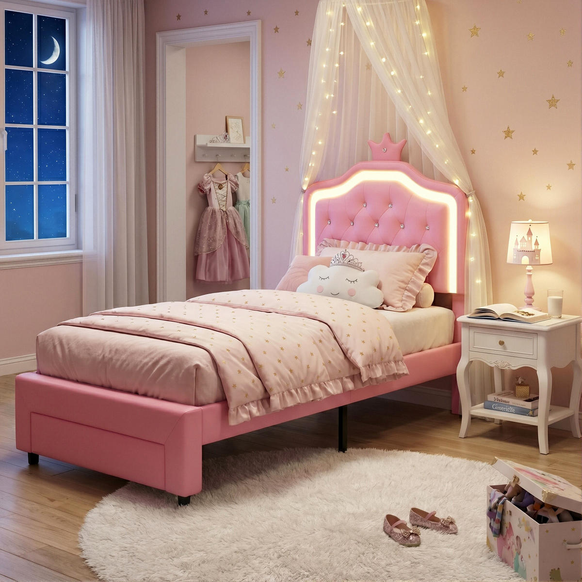 POLSTERBETT Kronen mit Kristallsteinen & RGB-LED 90/200 cm PU-Leder Rosa - Pink, Textil (90/200cm) - Creahappy