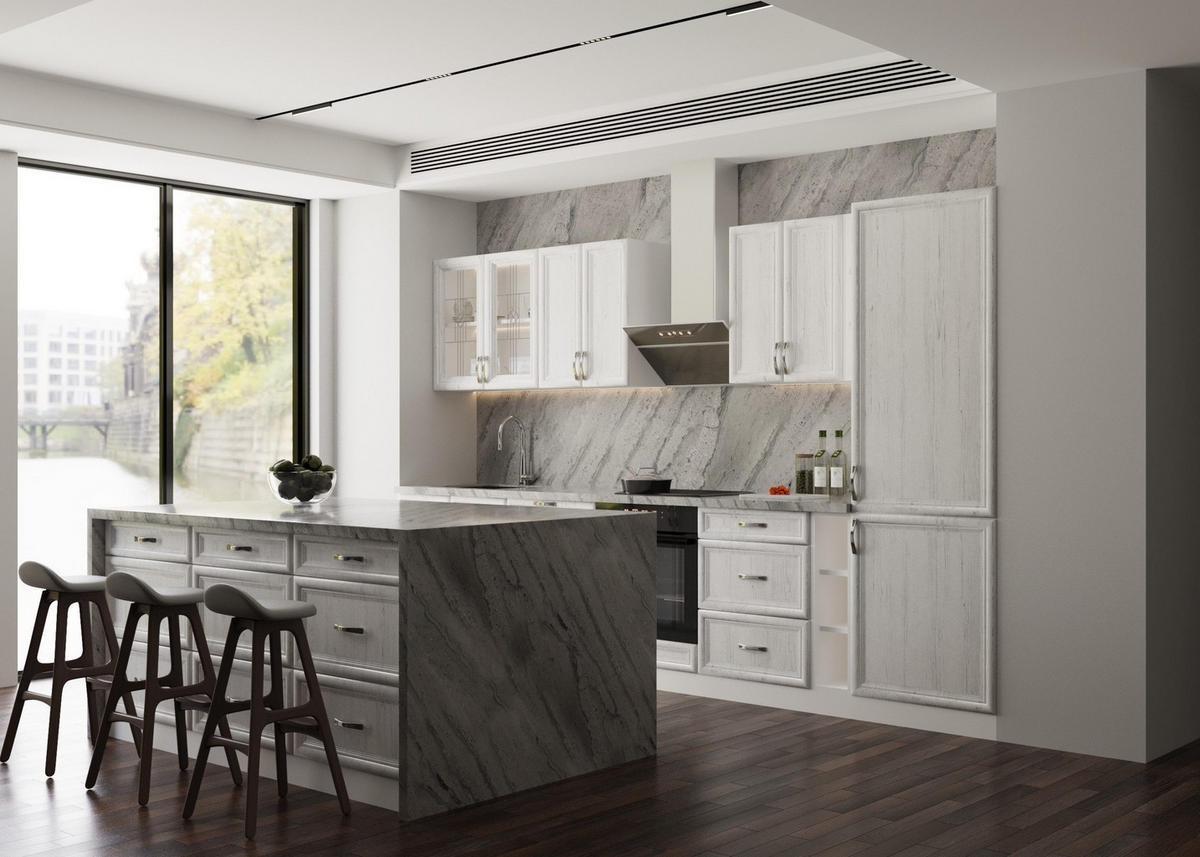 INSELKÜCHE Sycylia Weiß Creme – 340 cm + Insel 180 cm – K29-G340 - Silberfarben/Creme, Holzwerkstoff/Metall (340/212/60cm) - ROYAL24_MARKT