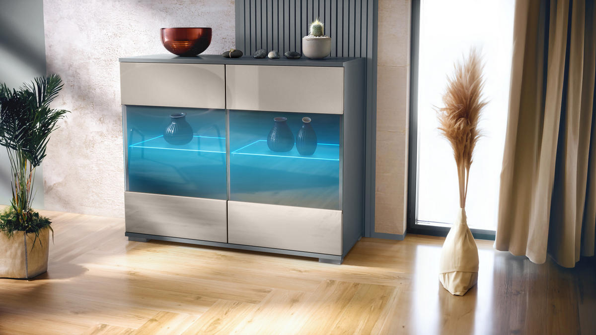 KOMMODE Bari Sandgrau Hochglanz - Sandfarben, Holzwerkstoff (92.5/75.5/35cm) - Vladon