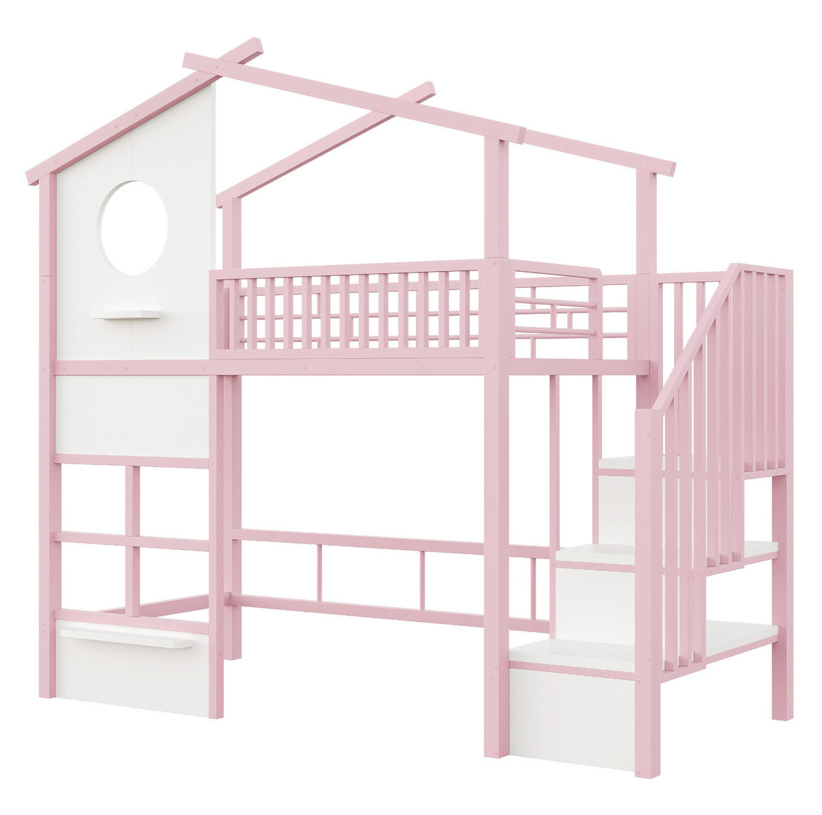HOCHBETT aus Metall 90x200 cm Weiß/Rosa mit Stauraumtreppe, LED-Lichtband und Hausdesign - Weiß, Metall (90/200cm) - Modfu