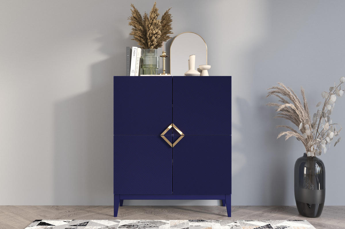 HIGHBOARD Demi High, Marinblau-Gold, Mit Gefrästen Fronten, Massive Buche - Dunkelblau, Holz/Holzwerkstoff (100.5/120.5/42cm) - Visby
