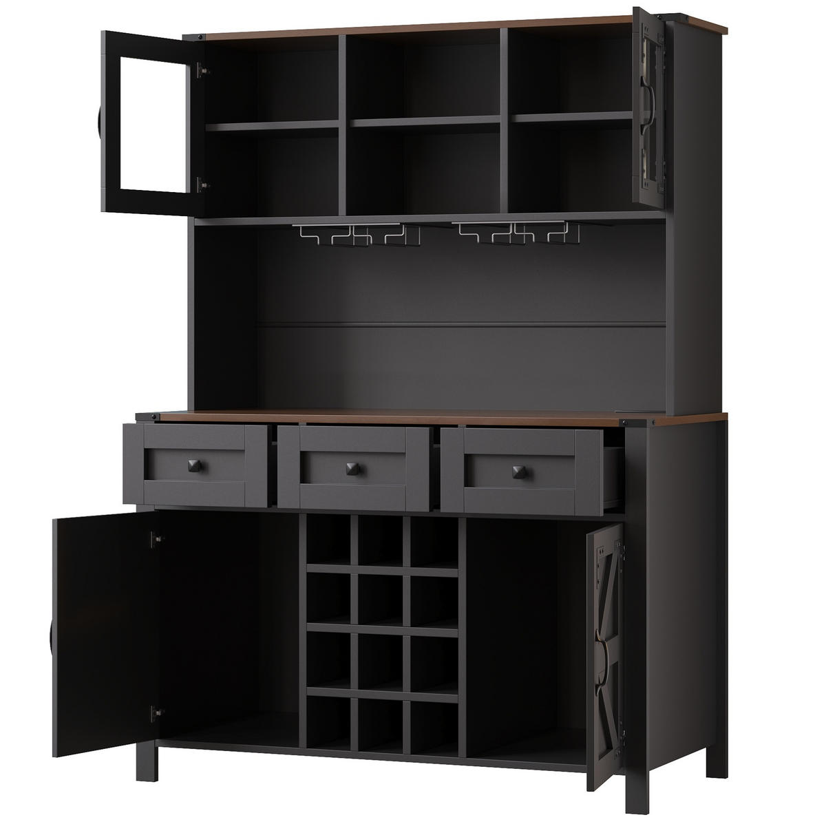 BUFFET 120/40/170 cm aus MDF und Glas mit LED-Beleuchtung und Steckdosenleiste Schwarz - Schwarz, Holzwerkstoff (120/170/40cm) - Modenvie