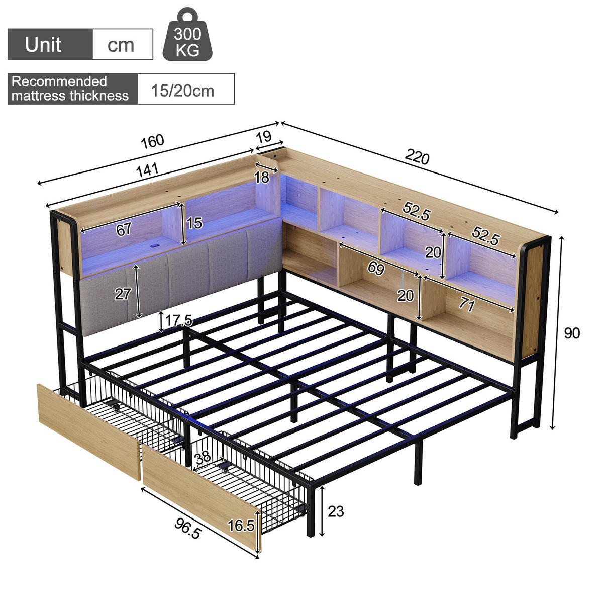 ČALÚNENÁ posteľ 90x200/140x200 cm s LED osvetlením, USB a Type-C nabíjaním, úložným priestorom a 2 zásuvkami, Sivá - prírodná farba, kompozitné drevo (140/200cm) - Redom