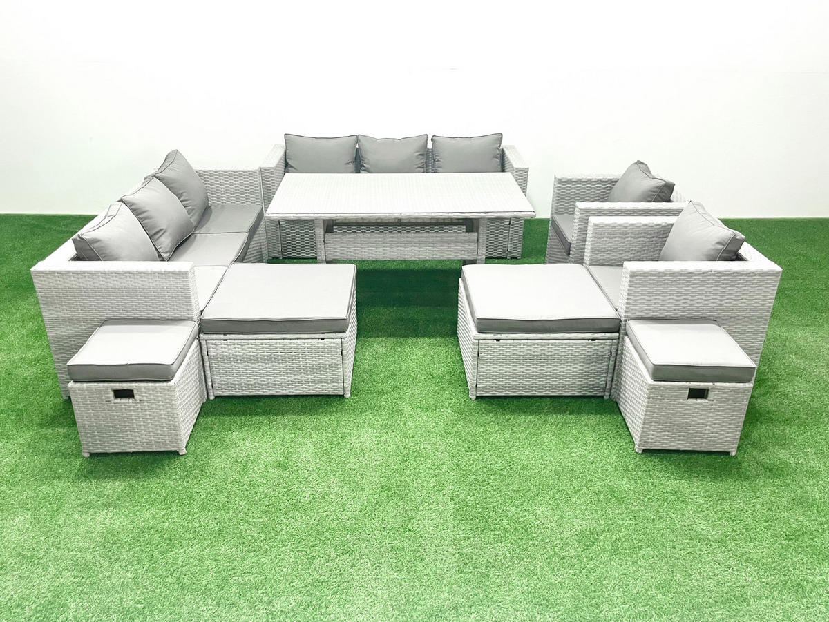 GARTENSET mit Esstisch,Sofa,4 Fußhocker,2 Stühle Polyrattan Hellgrau 12-Sitzer - Hellgrau/Grau, Glas/Kunststoff - Fimous