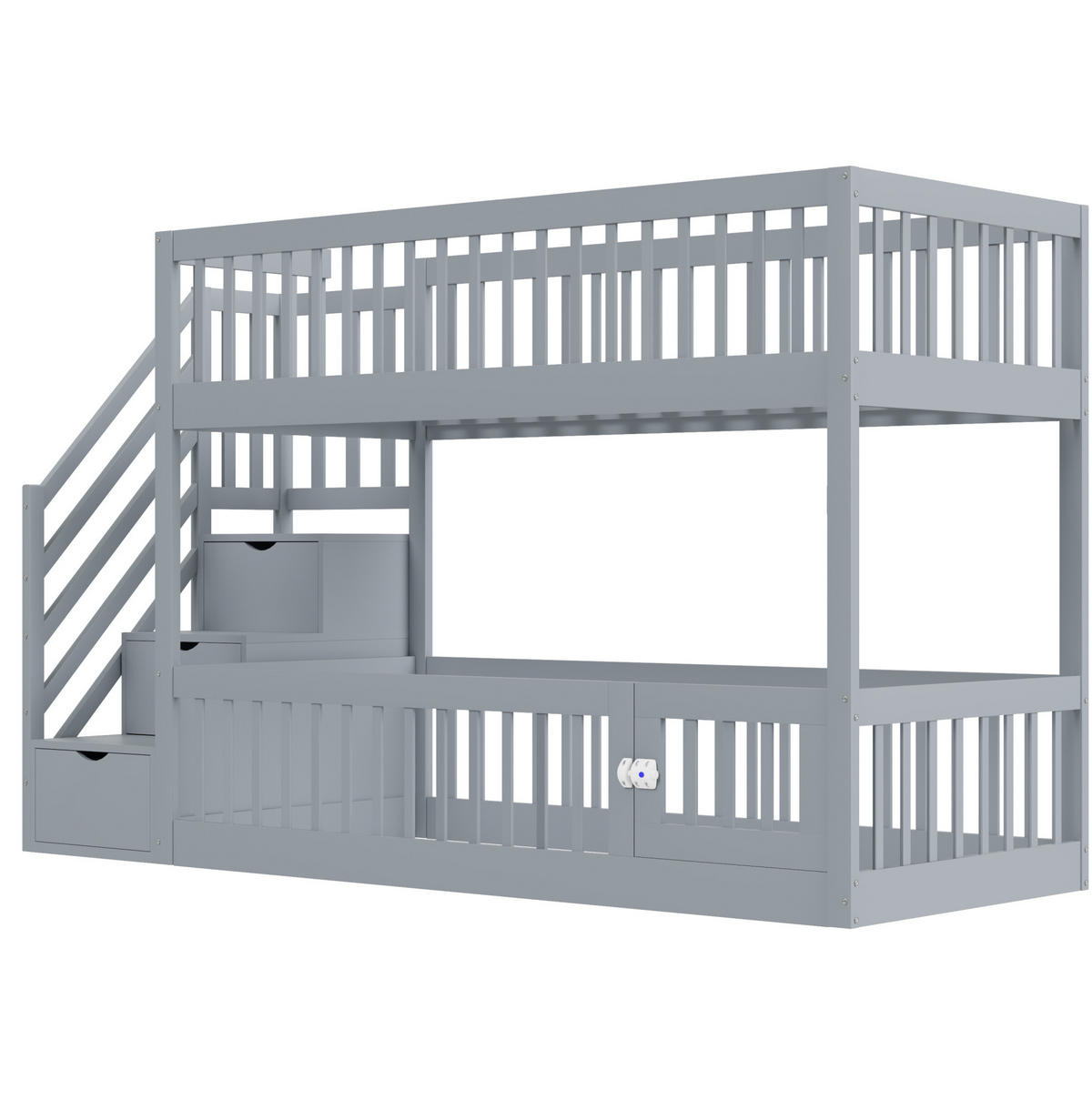 ETAGENBETT Massivholz 90x200 cm Grau mit Stauraumtreppe und Schubladen - Grau, Holz (90/200cm) - Modfu