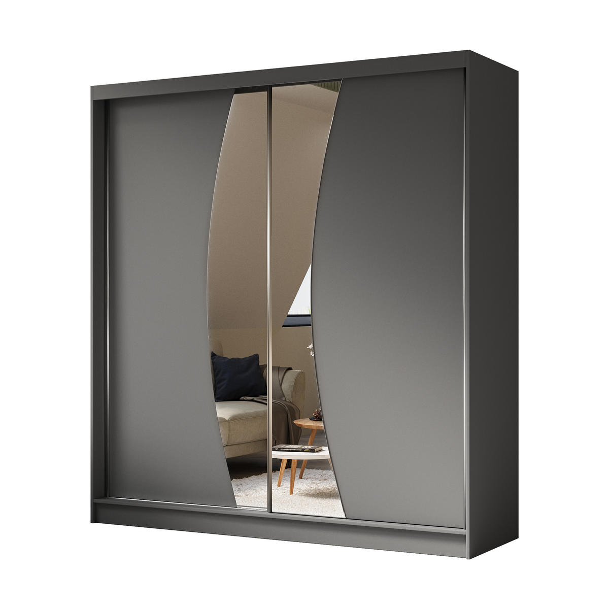 KLEIDERSCHRANK mit Spiegel-Schiebetüren und Aluminium-Leisten, LED-Beleuchtung (- VOXI - 200 cm Grau - Grau, Holzwerkstoff (200/216/61cm) - ALTDECOR