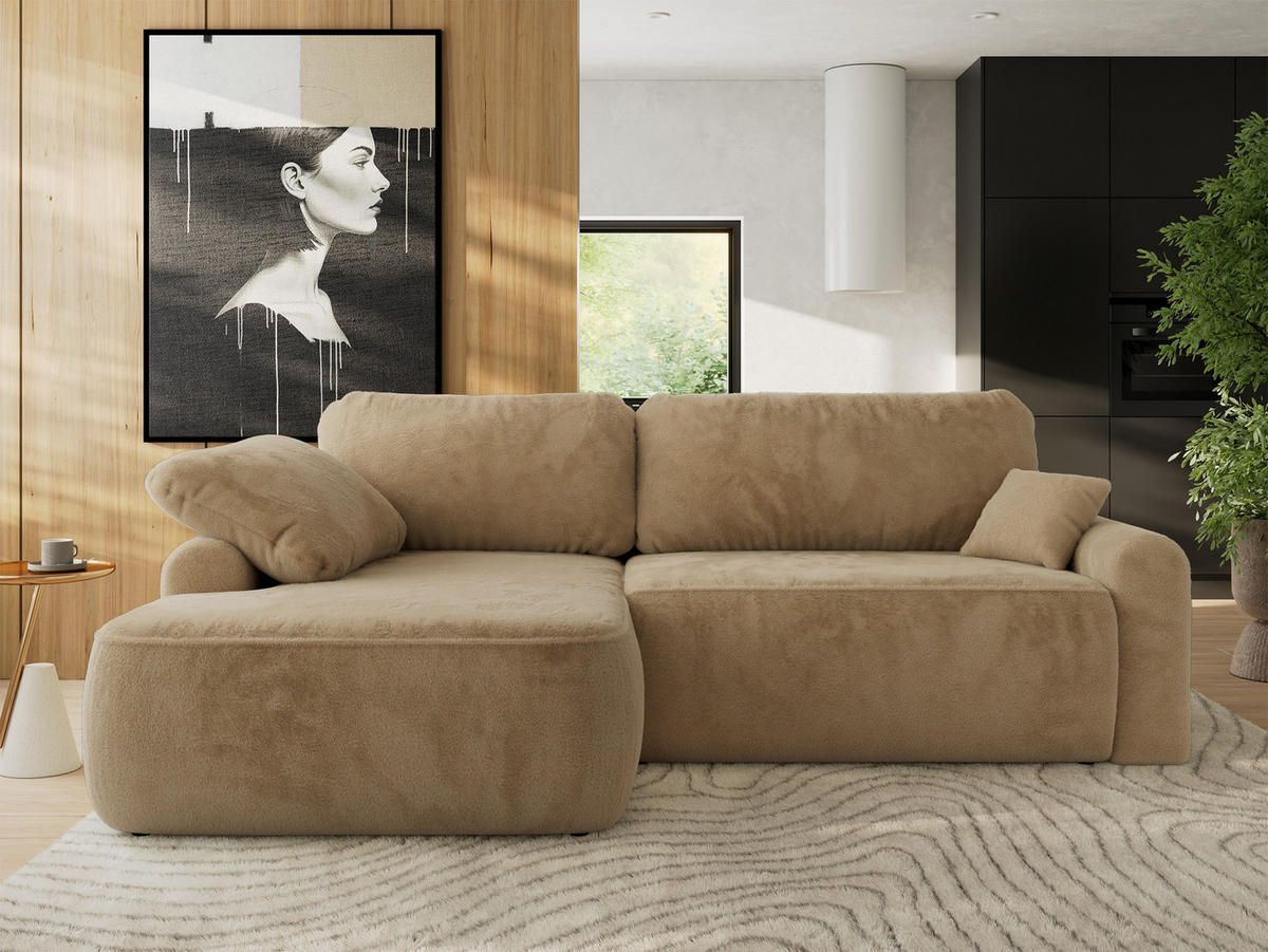 ECKSCHLAFSOFA CUBO L Beige Plüsch - links - Beige/Schwarz, Kunststoff/Textil (273/187cm) - MKS