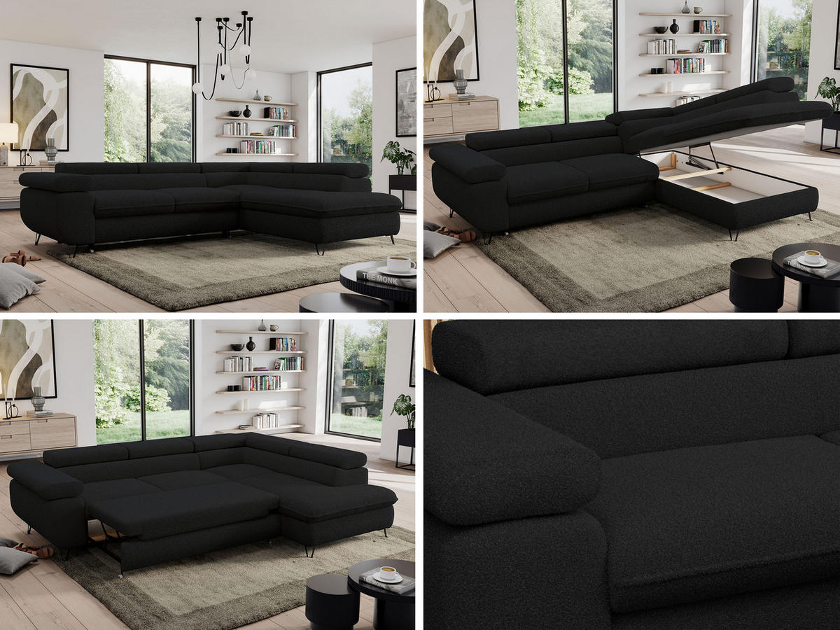 ECKSOFA PEDRO L Schwarz Boucle - Rechts Seite - Schwarz, Textil/Metall (273/208cm) - MKS