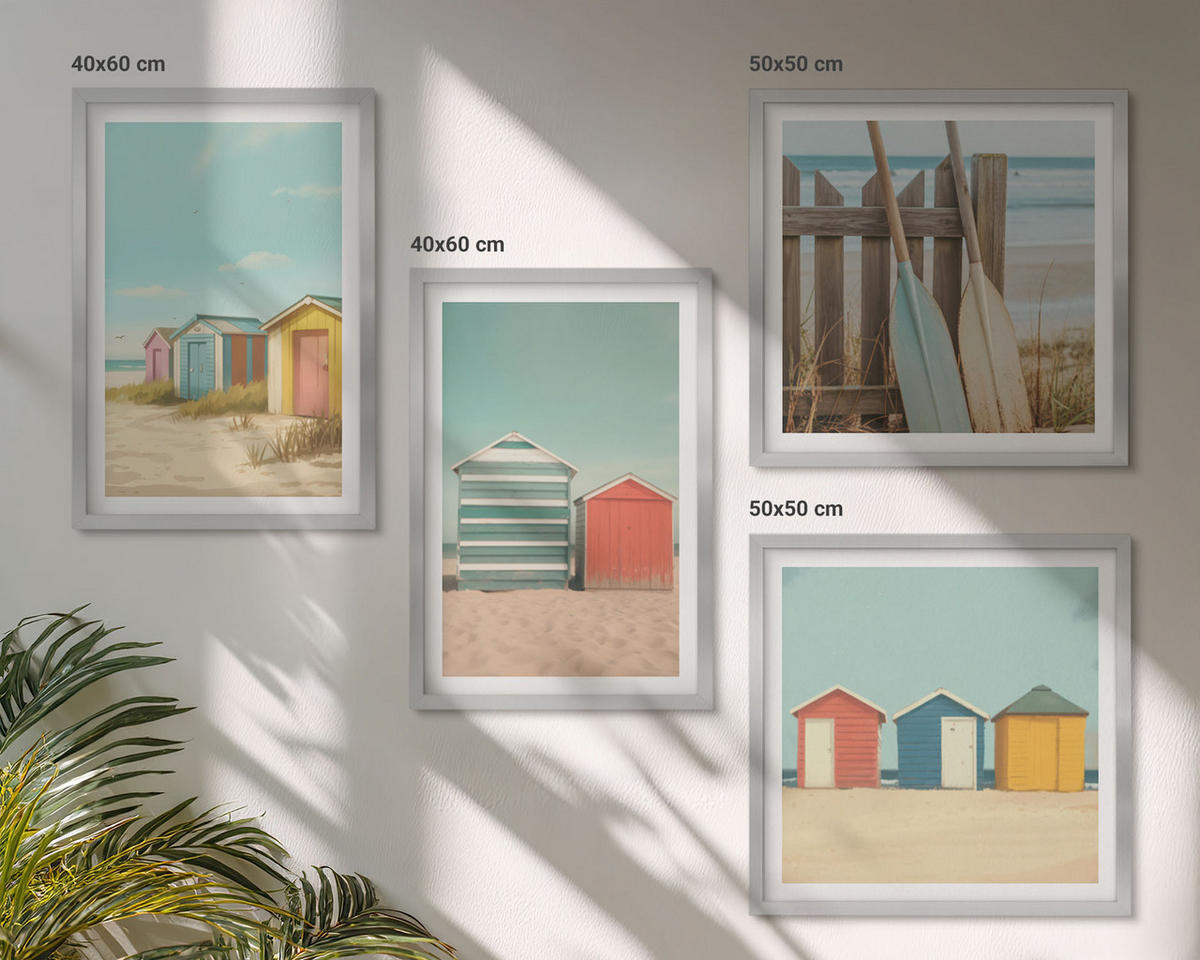 BILDER SET 4er Set - 50x50 cm & 40x60 cm Silberner Rahmen - Bunte Strandhäuser - Silberfarben, Kunststoff (50/50cm) - TULUP
