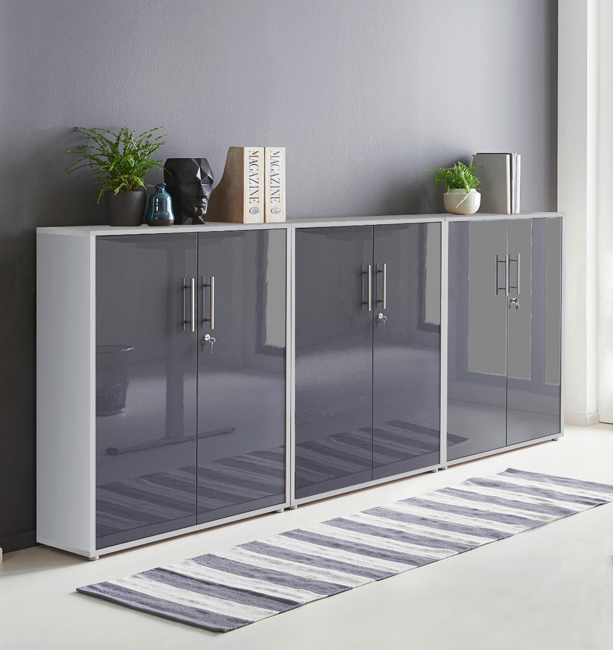 BÜROMÖBELSET 3-tlg. lichtgrau / anthrazit Hochglanz - Anthrazit/Hellgrau, Holz (253.2/113.6/33cm)